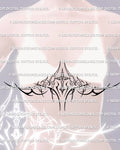 gothic cross underbust tattoo stencil shown on a woman’s chest framing placement with baroque filigree details