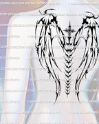 Gothic cross wings tattoo mockup on upper back, showing neotribal wing flow and spine ornament details on skin for full back placement ideas.