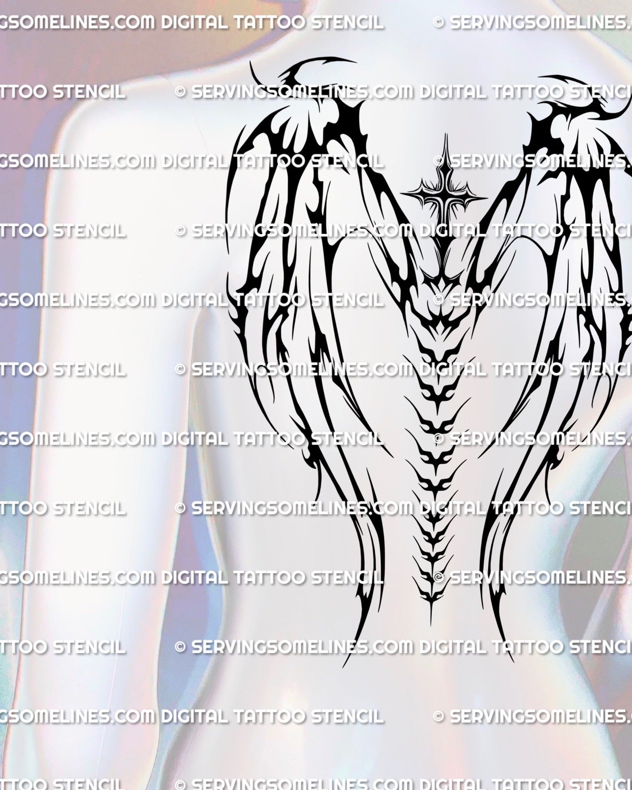 Gothic cross wings tattoo mockup on upper back, showing neotribal wing flow and spine ornament details on skin for full back placement ideas.