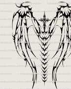 Gothic cross wings tattoo stencil with sharp neotribal wings and long spine ornament, high resolution design for full back tattoo planning.