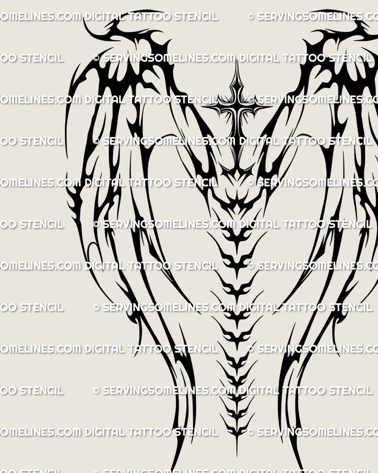 Gothic cross wings tattoo stencil with sharp neotribal wings and long spine ornament, high resolution design for full back tattoo planning.