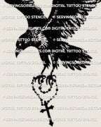 Gothic crow cross stencil, dark bird in motion with a hanging cross accent, clean linework and negative space for crisp stencil print.