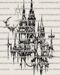 Gothic cybersigilism castle tattoo stencil design with dark spires, broken arches, and sharp cyber ornamental linework