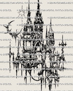 Gothic cybersigilism castle tattoo stencil design with dark spires, broken arches, and sharp cyber ornamental linework