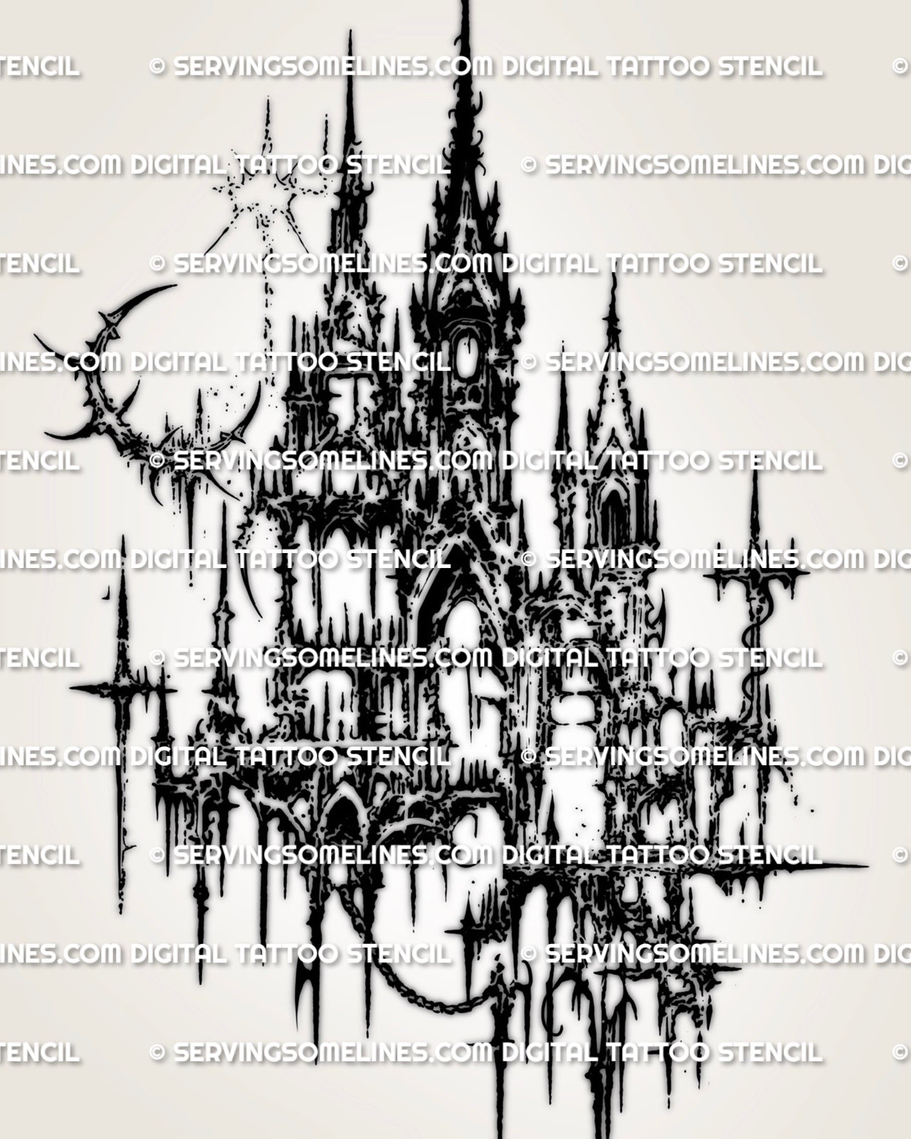 Gothic cybersigilism castle tattoo stencil design with dark spires, broken arches, and sharp cyber ornamental linework