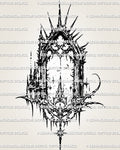 Gothic cybersigilism cathedral arch tattoo stencil design with pointed gothic frame, moon detail, stars, and sharp blackwork.