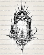 Gothic cybersigilism cathedral arch tattoo stencil design with pointed gothic frame, moon detail, stars, and sharp blackwork.