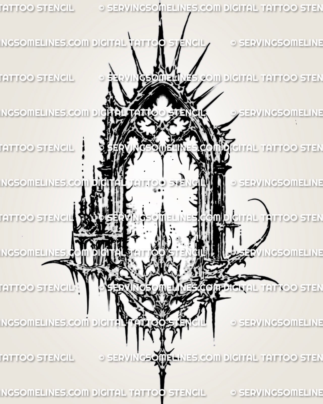 Gothic cybersigilism cathedral arch tattoo stencil design with pointed gothic frame, moon detail, stars, and sharp blackwork.