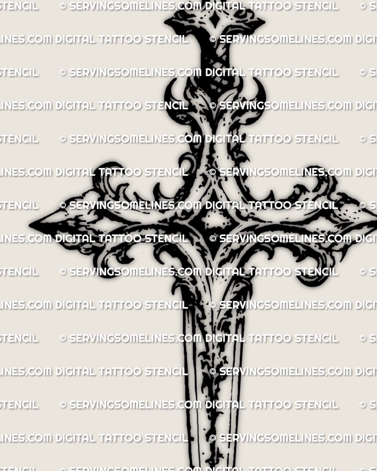Gothic dagger cross tattoo stencil featuring bold blade lines and symbolic cross shape in clean stencil layout. 
