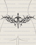 Gothic dagger lower back tattoo stencil shown on female placement with thorned side framing and central blade