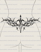 Gothic dagger lower back tattoo stencil shown on female placement with thorned side framing and central blade