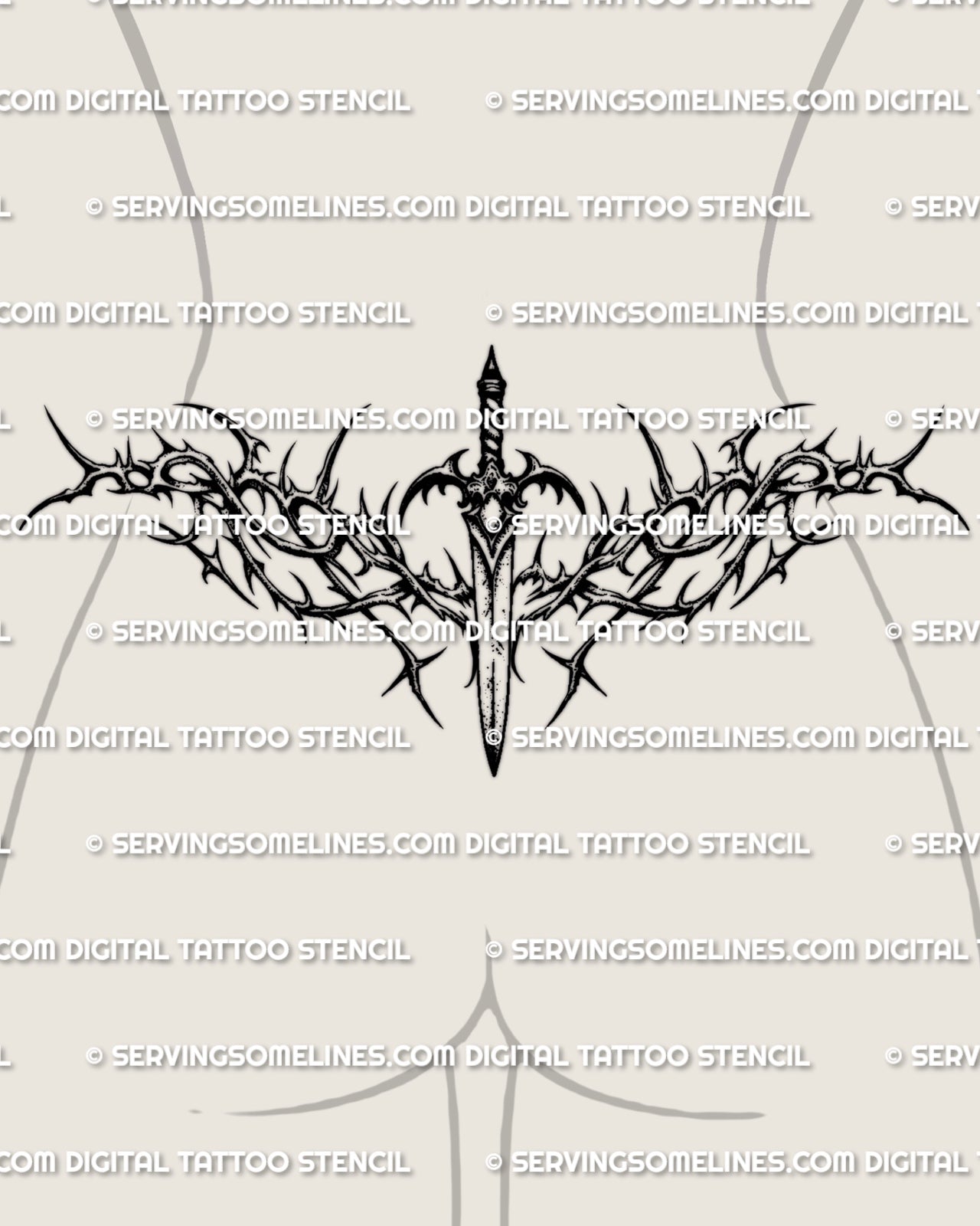 Gothic dagger lower back tattoo stencil shown on female placement with thorned side framing and central blade