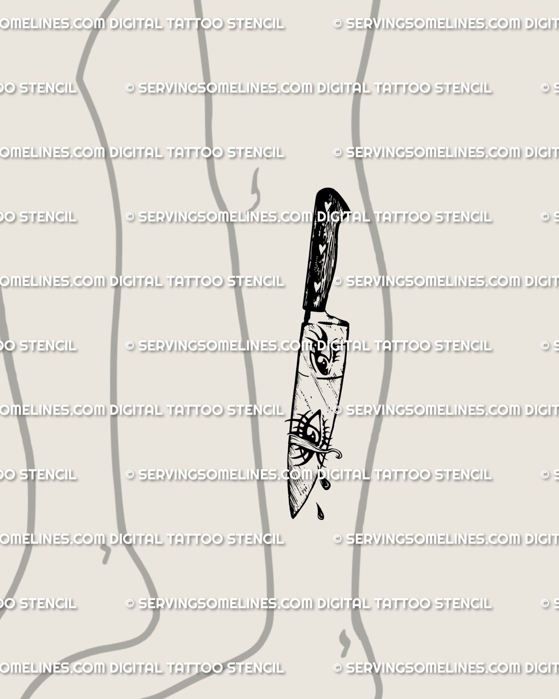 Gothic dagger tattoo flash art placed on lower leg, horrorcore tattoo design with reflection detail and crying eyes motif.