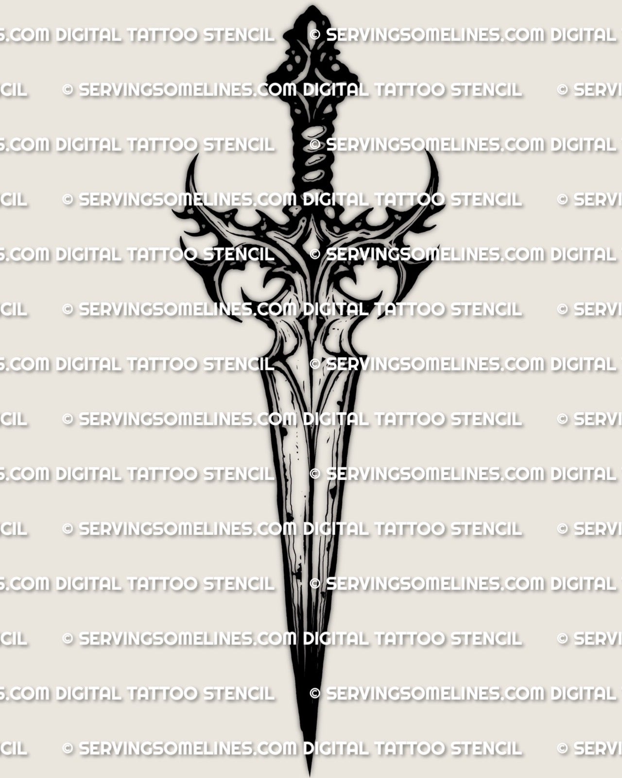 Gothic dagger tattoo stencil download, dagger-only design with ornate guard and sharp point, sized for clean stencil transfer. 