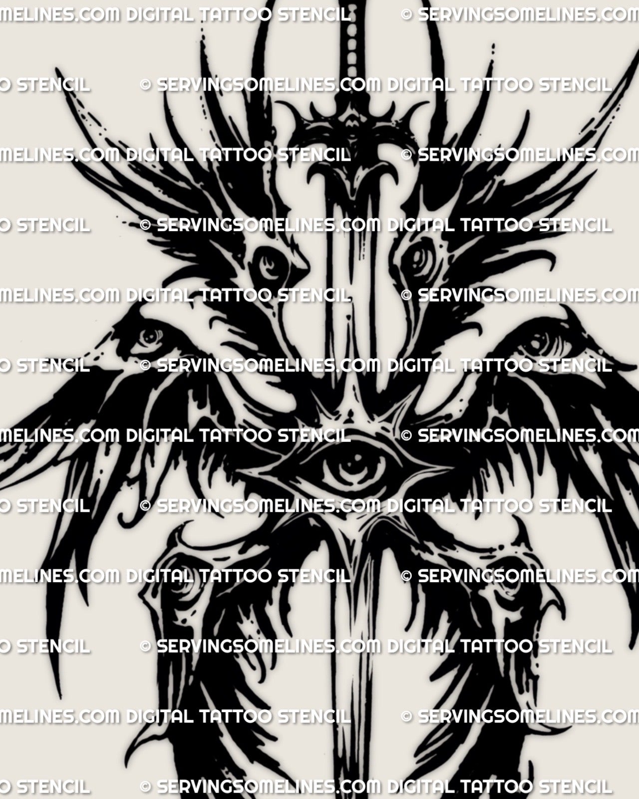 Gothic dark angel wing tattoo stencil in blackwork style, downloadable tattoo template designed for bold angel tattoos