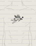 Dark cherub gothic angel tattoo stencil displayed on male chest center, barbed wire halo, rose detail, minimal blackwork flash. 