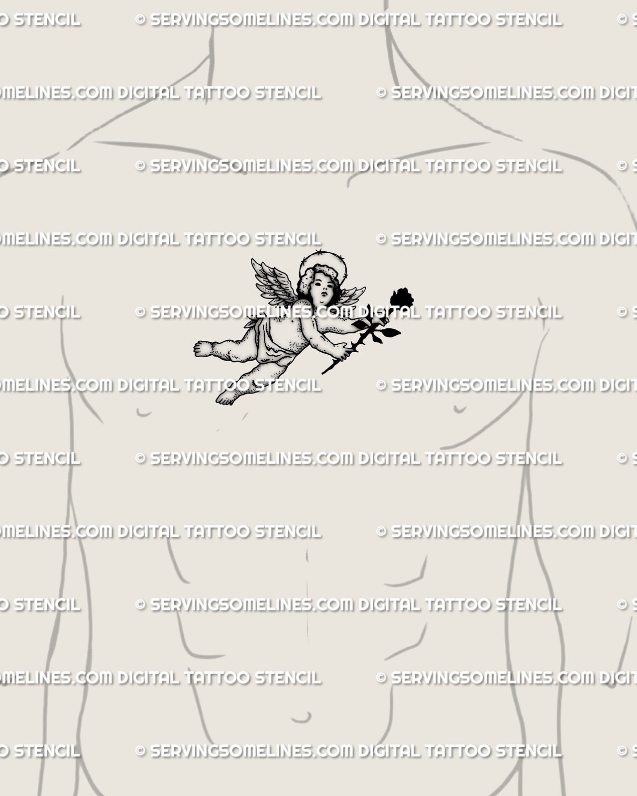 Dark cherub gothic angel tattoo stencil displayed on male chest center, barbed wire halo, rose detail, minimal blackwork flash. 