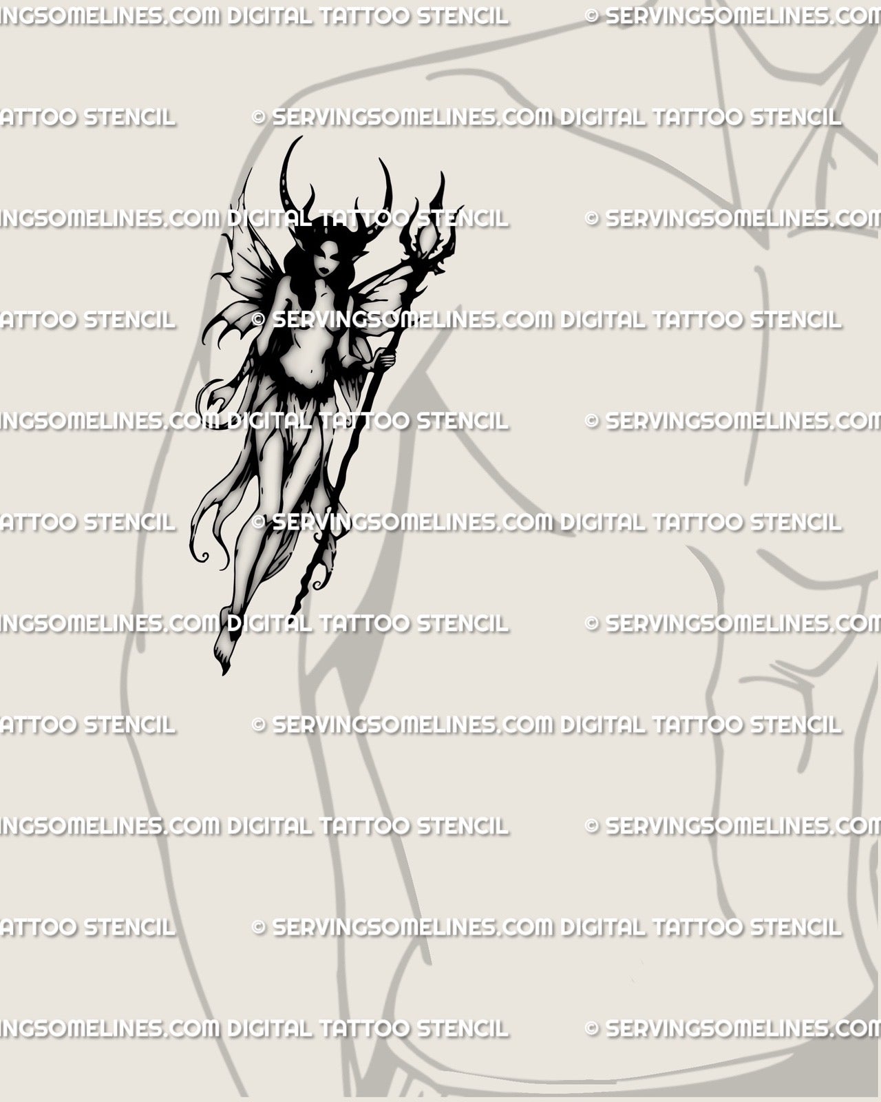 Gothic dark fairy tattoo on men’s arm, black horrorcore fantasy design with trident and wings, bold masculine witchy tattoo art 