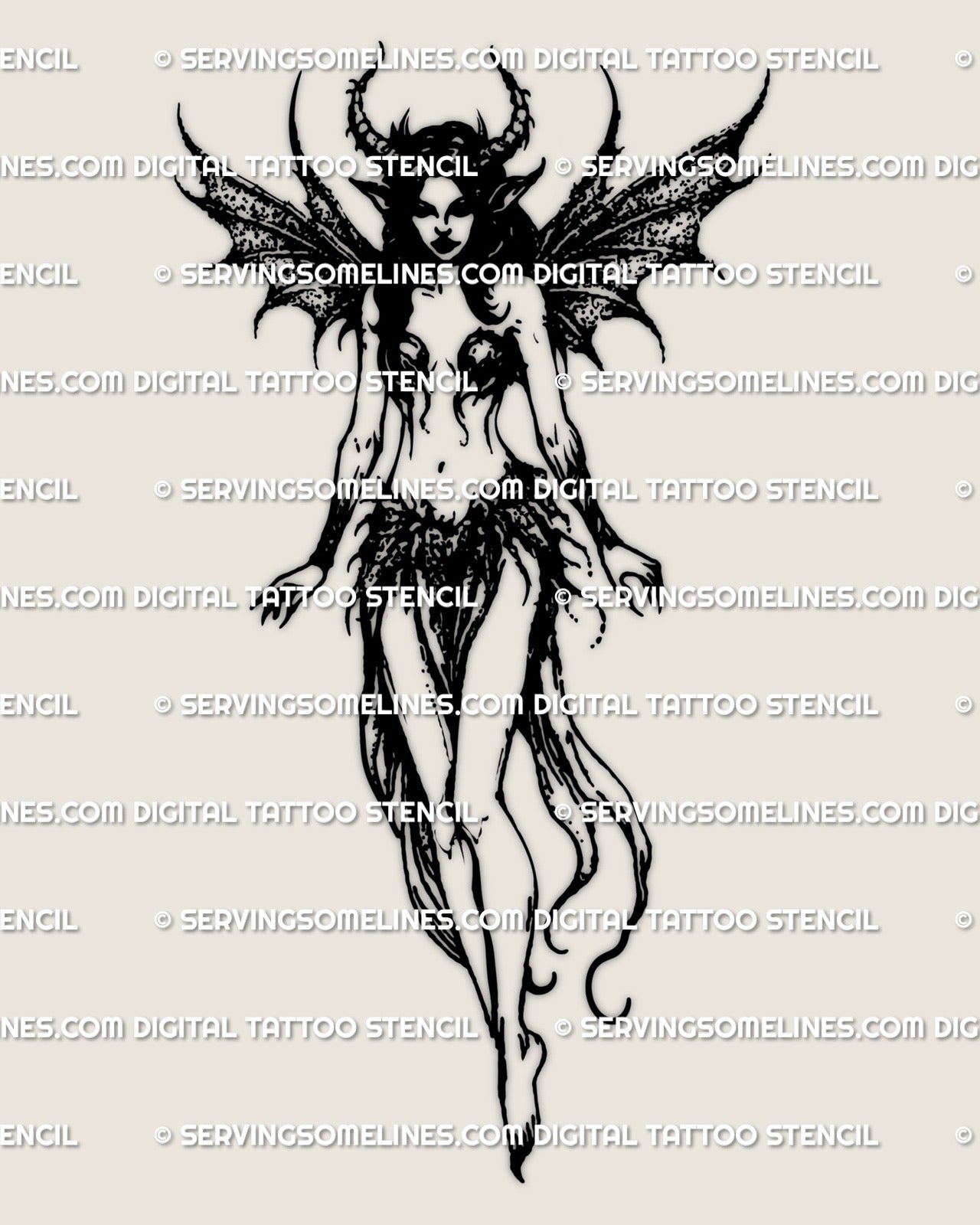 Horned gothic fairy tattoo design with dragon-wing elements, occult inspired demon silhouette for printable tattoo stencil use