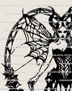 Gothic demon fairy tattoo stencil digital download, succubus with spiderweb wings and rose-framed heart.