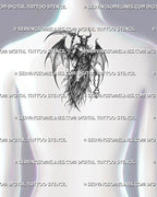 Gothic demon tattoo shown on women's upper back, with torn wings, skull face, and dark stencil detail for back placement.