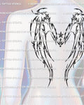 Back preview showing a gothic demon wings back tattoo stencil with long hanging wings and centered star detail