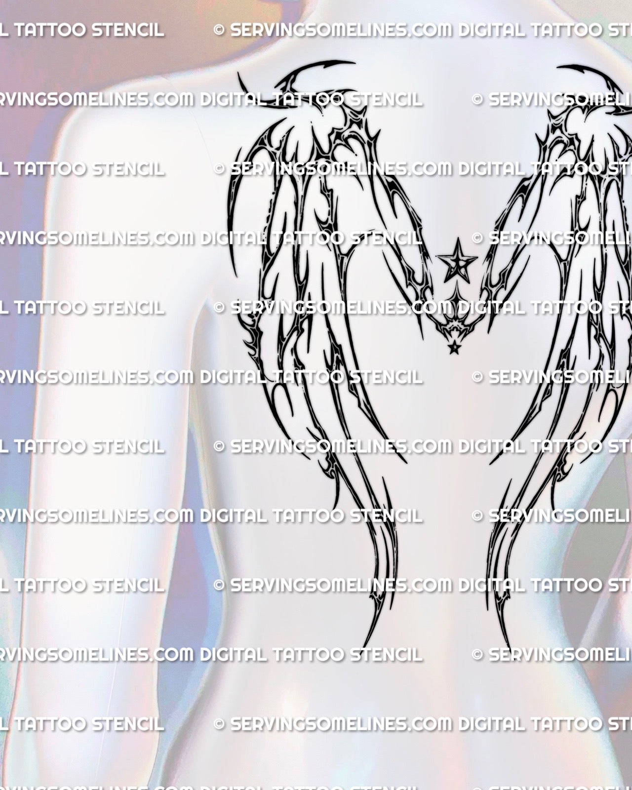 Back preview showing a gothic demon wings back tattoo stencil with long hanging wings and centered star detail