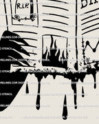 Gothic minimalist tattoo stencil of devil silhouette behind Bad News paper, symbolic dark aesthetic tattoo design for small statement piece