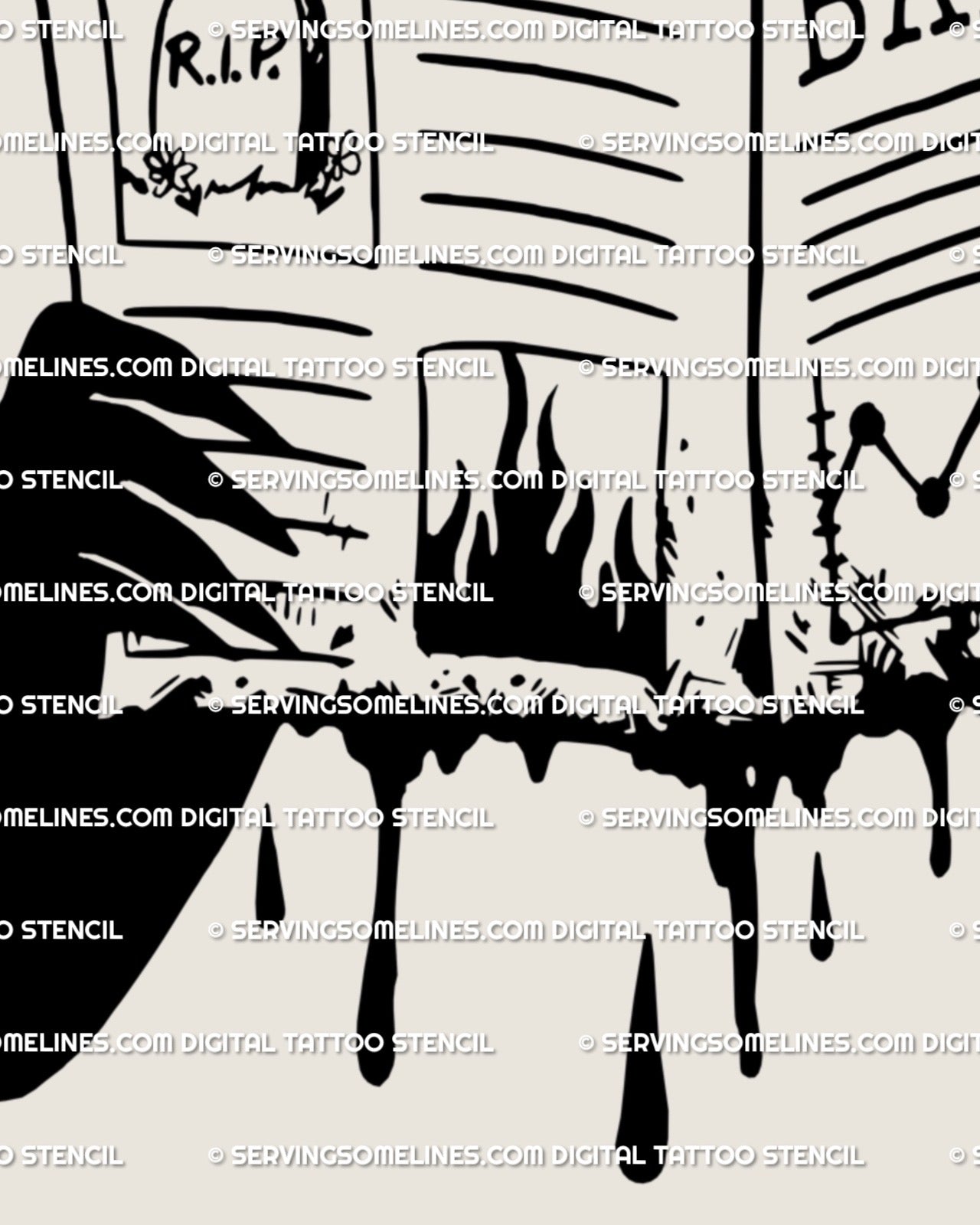 Gothic minimalist tattoo stencil of devil silhouette behind Bad News paper, symbolic dark aesthetic tattoo design for small statement piece