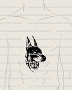 Doberman tattoo stencil centered on a man’s sternum for a bold chest view. Strong gothic linework dog head with neotribal shapes following chest shape.