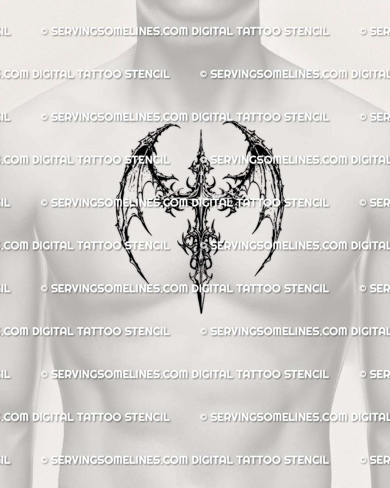 Gothic dragon cross tattoo stencil displayed on men’s chest, bold blackwork weapon-style cross