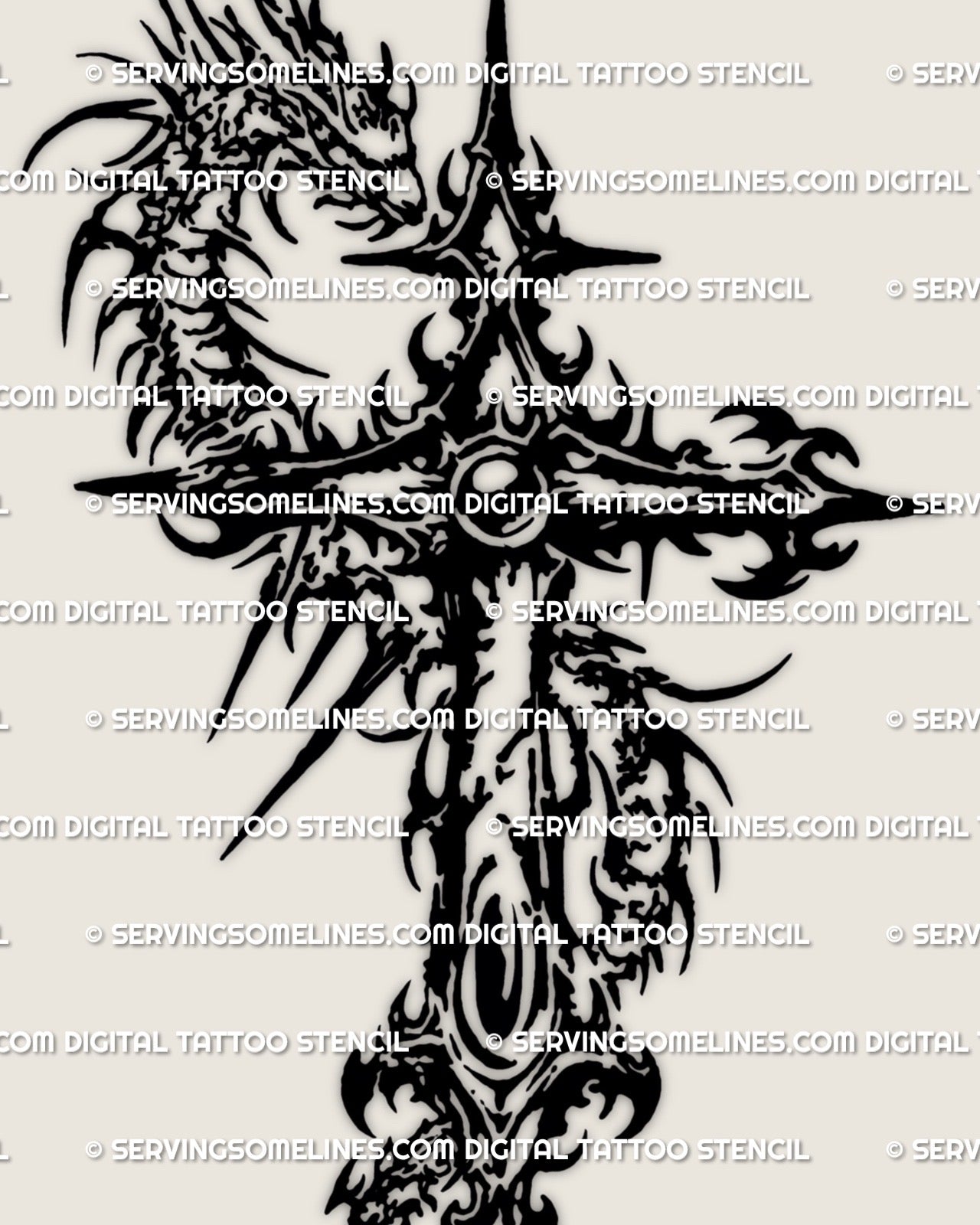 Close view of a gothic dragon cross tattoo stencil highlighting detailed dragon scales, claws, and sharp black line structure.