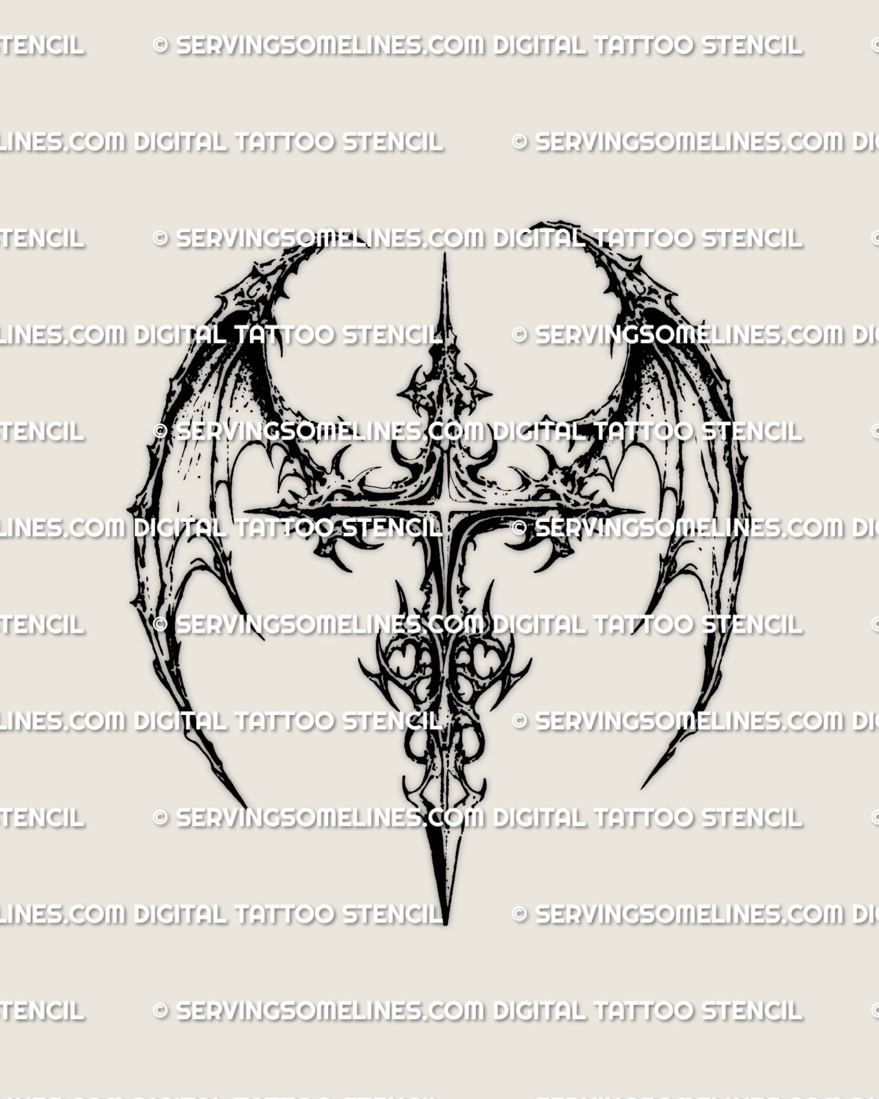 Gothic dragon wing cross tattoo design with sharp spiked wings and dark ornamental cross details