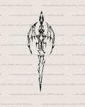 Dragon sword tattoo stencil in cyber sigilism style, vertical blade with tribal dragon wings and dark fantasy gothic symmetry.