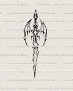 Gothic dragon sword tattoo stencil in cyber sigilism style, vertical blade with tribal dragon wings and dark fantasy gothic symmetry.