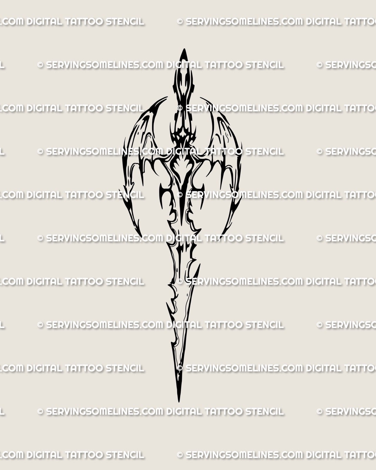 Gothic dragon sword tattoo stencil in cyber sigilism style, vertical blade with tribal dragon wings and dark fantasy gothic symmetry.