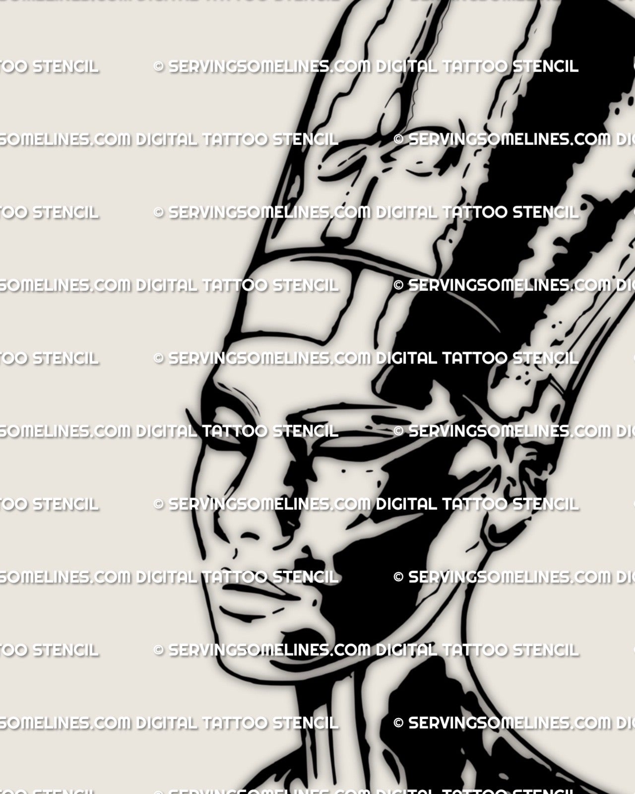 Gothic Egyptian queen Nefertiti tattoo stencil featuring fine blackwork lineart and sculptural shading, bold digital download for artists and clients 