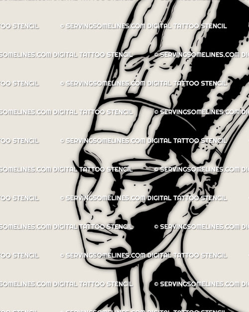 Gothic Egyptian queen Nefertiti tattoo stencil featuring fine blackwork lineart and sculptural shading, bold digital download for artists and clients 
