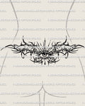 Gothic eye lower back tattoo shown on womens waist placement, with thorned framing, radiating lines, and a centered eye.