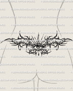 Gothic eye lower back tattoo shown on womens waist placement, with thorned framing, radiating lines, and a centered eye.