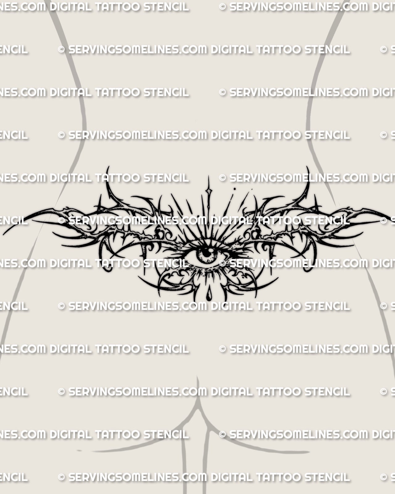 Gothic eye lower back tattoo shown on womens waist placement, with thorned framing, radiating lines, and a centered eye.