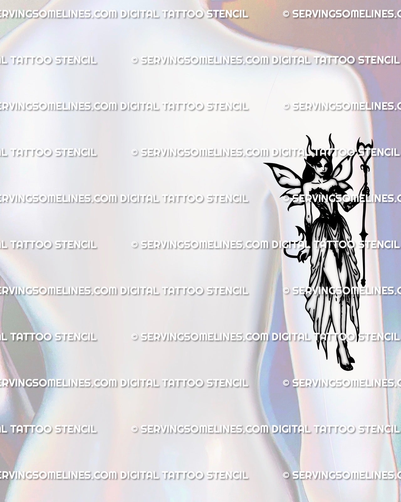 Back of the arm gothic fairy tattoo idea with horns, trident, and dark fantasy linework, witchy feminine occult digital tattoo stencil 