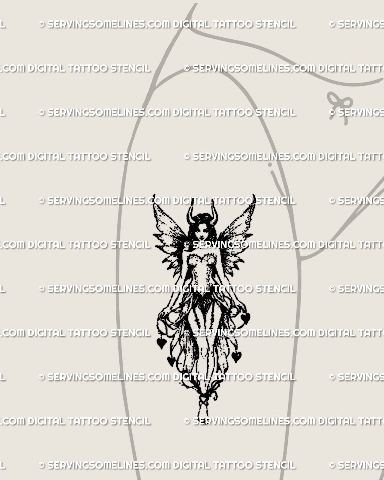 Feminine gothic fairy tattoo for thigh placement, winged blackwork stencil digital preview with fantasy heart details.