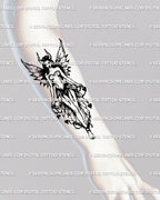 Gothic fairy forearm tattoo stencil digital preview, winged blackwork fairy design with heart detail and dotted shading. 
