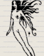 gothic fairy outline tattoo stencil featuring dark wings and feminine silhouette, minimalist black linework digital design