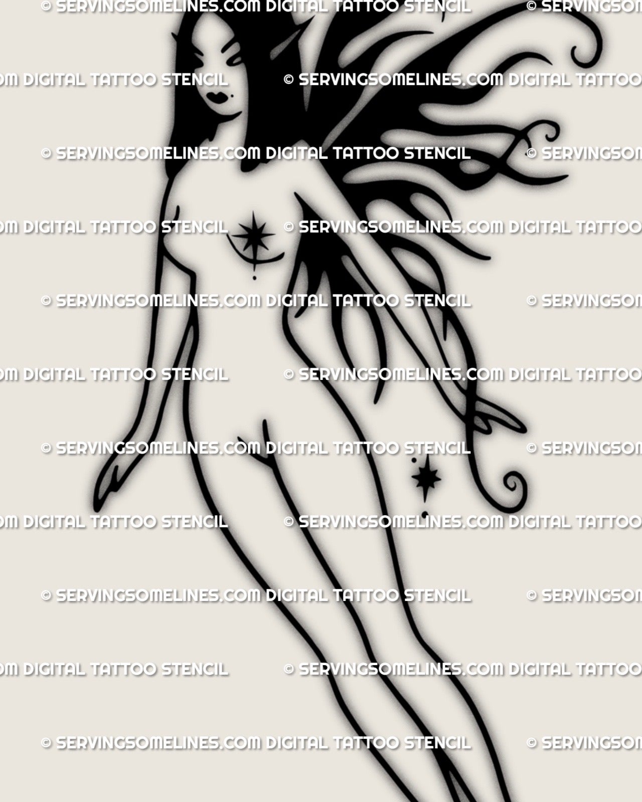 gothic fairy outline tattoo stencil featuring dark wings and feminine silhouette, minimalist black linework digital design