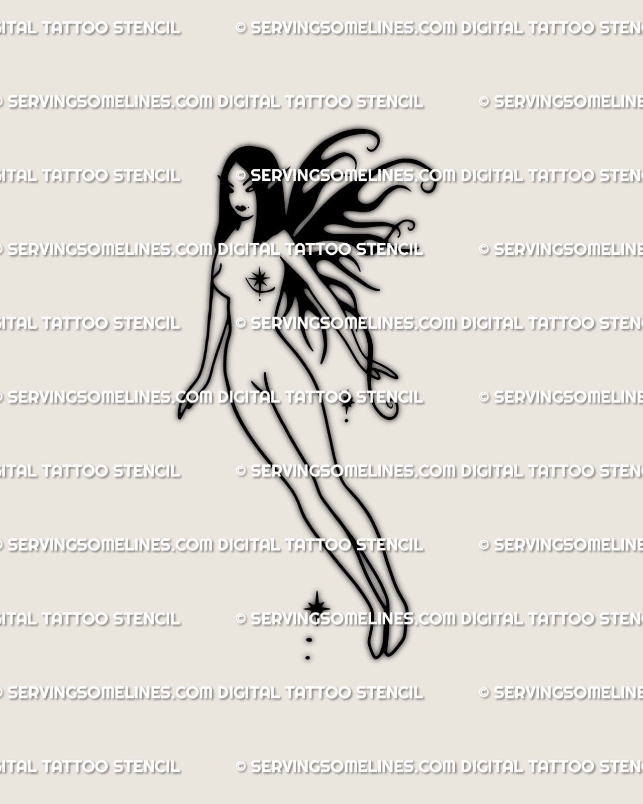 minimalist gothic fairy tattoo stencil with flaming neotribal wings and clean outline silhouette digital download design 