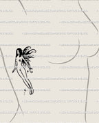 gothic fairy tattoo stencil displayed on woman’s side ribs, minimalist line art with black neotribal flaming wings