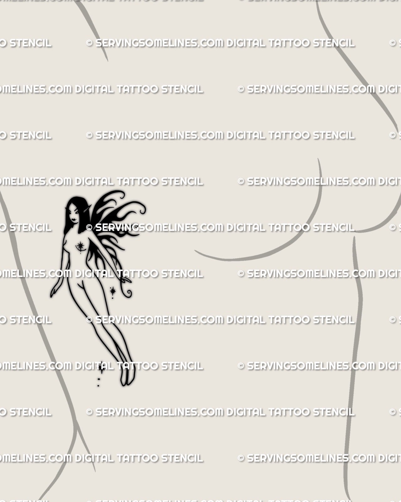 gothic fairy tattoo stencil displayed on woman’s side ribs, minimalist line art with black neotribal flaming wings