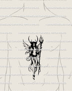 Men’s sternum display of gothic fairy tattoo stencil, witchy occult horrorcore fantasy design with trident and winged silhouette